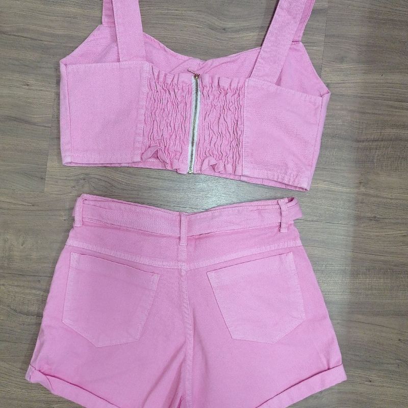 Conjunto Jeans Rosa Shorts com Top, Shorts Feminino Outros Nunca Usado  77430122