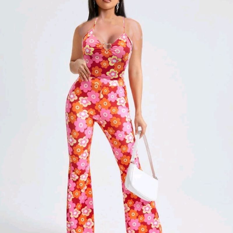 Conjunto Kit Calça e Blusa Cropped Florido Anos 60 Anos 70 Anos 80