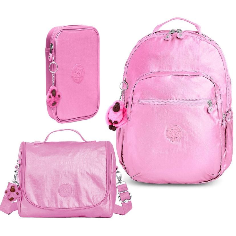 Conjunto Mochila Lancheira e Estojo Kipling Rosa Metálico Mochila