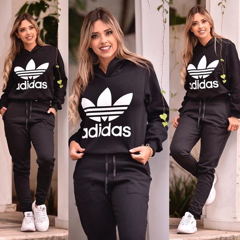 Conjunto Moletom Feminino Preto com Capuz Blusa Feminina Adidas