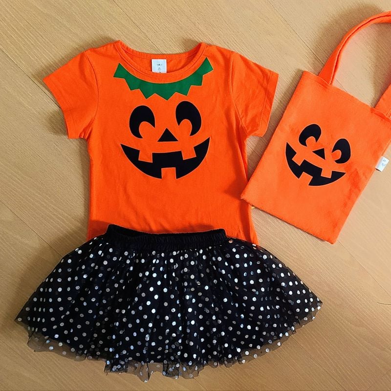 Fantasia Halloween Infantil Menina Abóbora Camisa Saia Bolsa