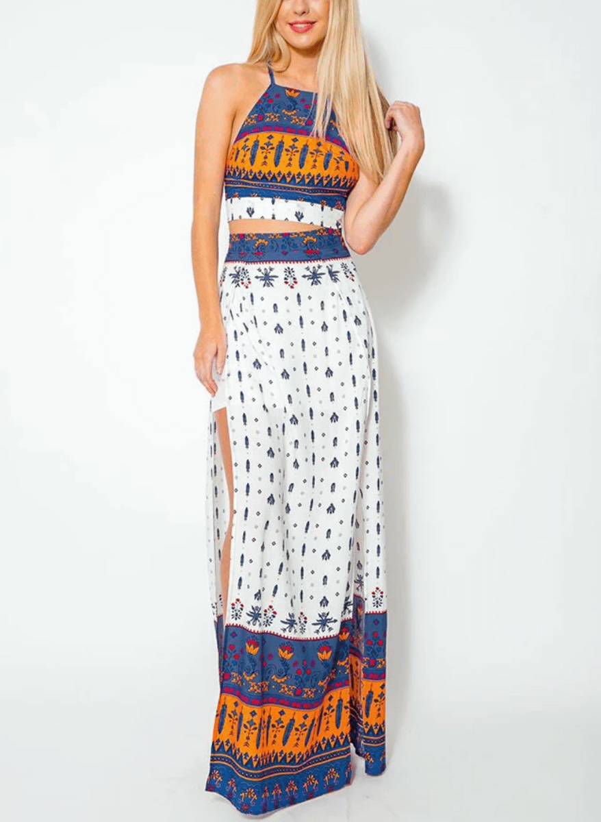 conjunto de top e saia longa