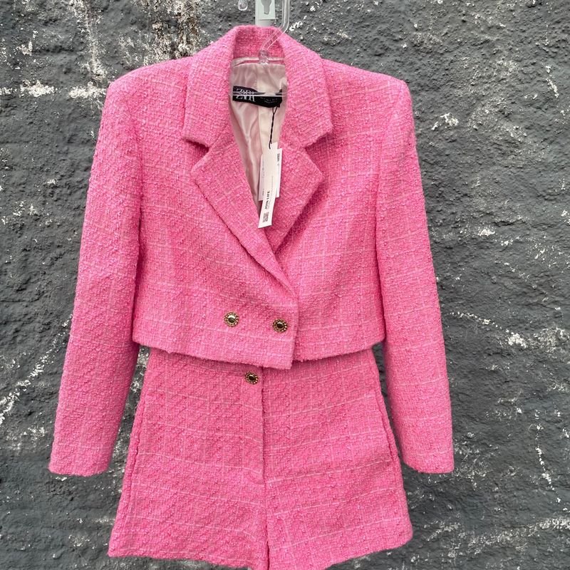 Conjunto Zara Tweed Rosa - Brinde Colar, Casaco Feminino Zara Nunca Usado  93531901