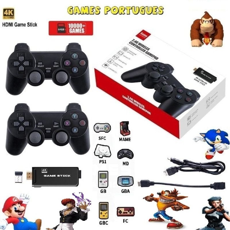 Console de vídeo Game 2.4G, 4K, com dois controles sem fio. Possui 10000  jogos 32 GB Retro Games for PS1/GBA – PEGA+