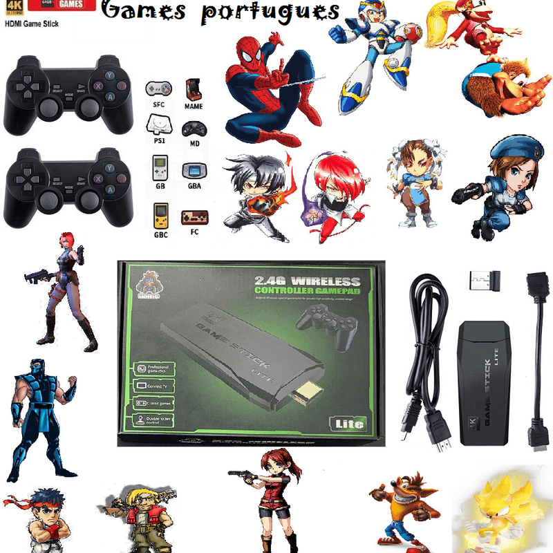 Console de vídeo Game 2.4G, 4K, com dois controles sem fio. Possui 10000  jogos 32 GB Retro Games for PS1/GBA – PEGA+