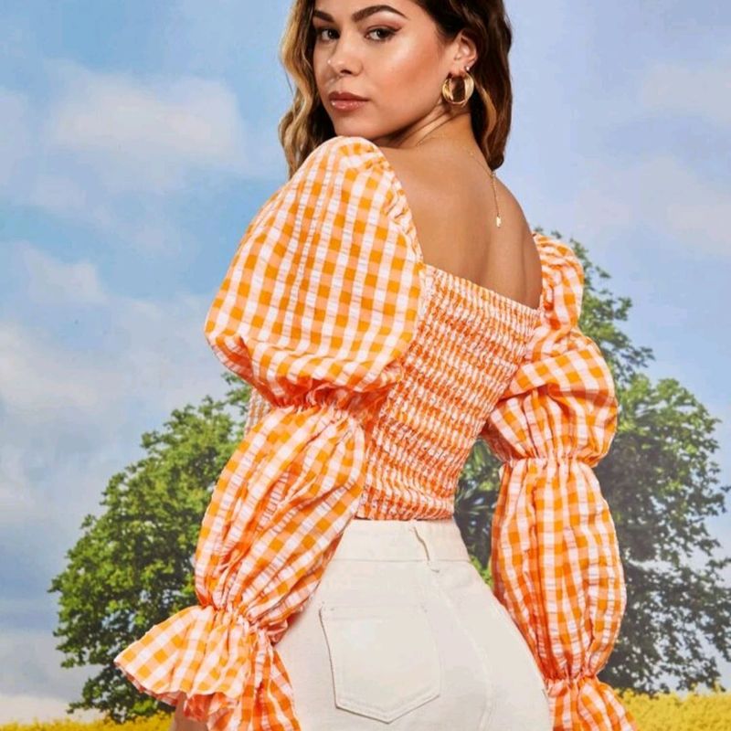 Camisa Cropped com Amarração Xadrez Vichy Laranja