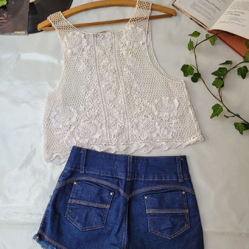 Cropped Renda Branco P da Contatho