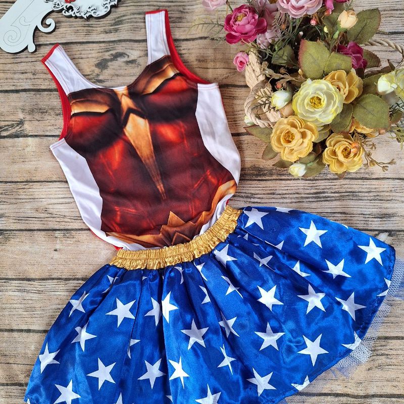 Fantasua Vestido Mulher Maravilha Saia Tule Tam Kids Vestido