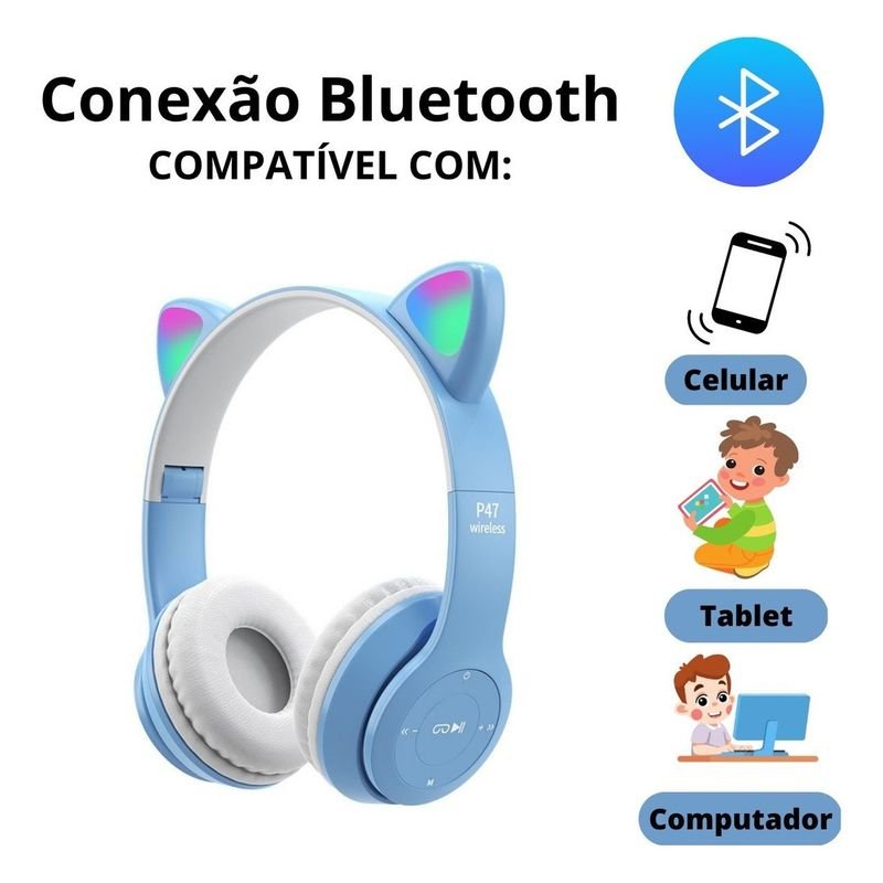 Fone Gatinho Sem Fio Led Bluetooth Infantil Orelha Gato Cat