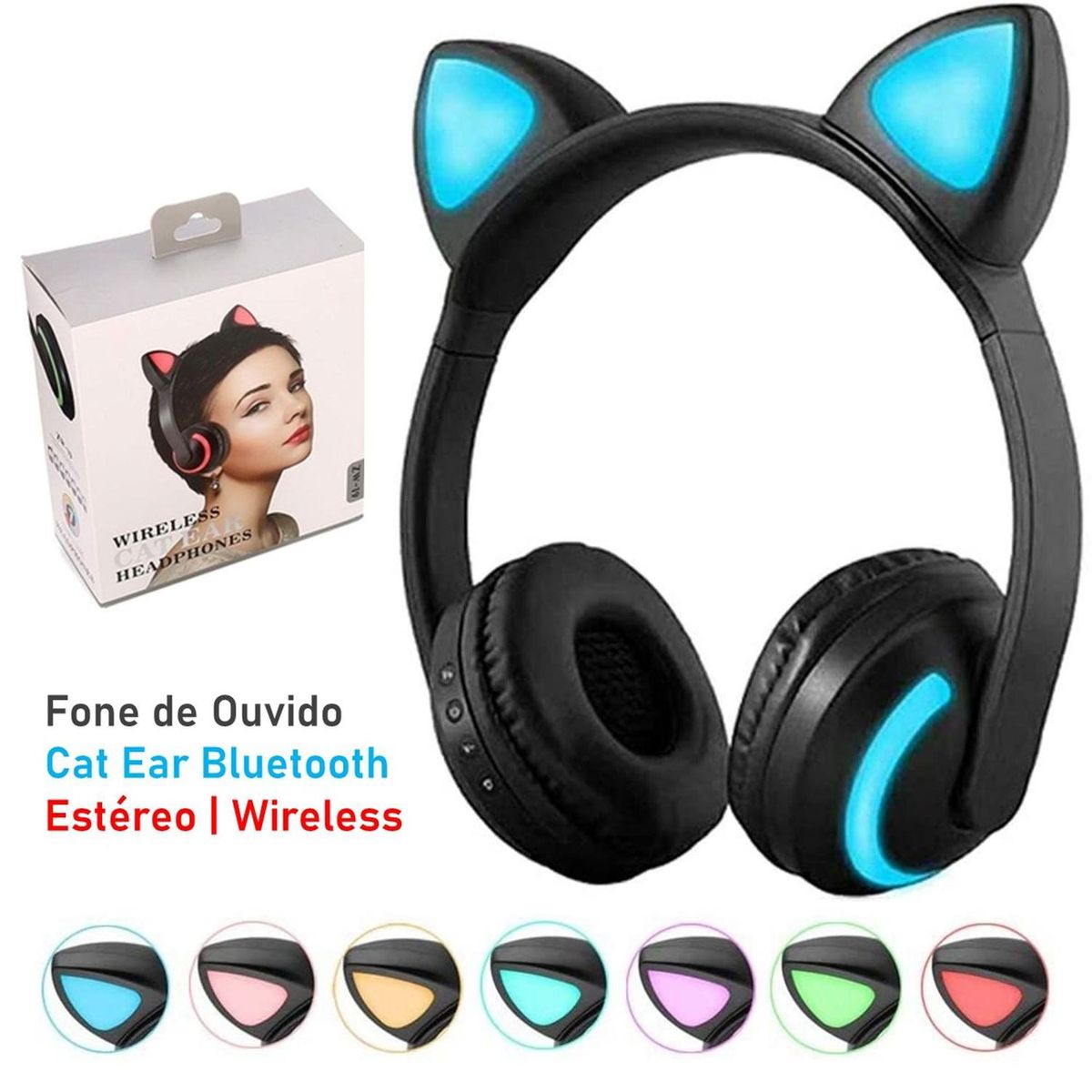 Fones de Ouvido Cat Ear com Leds Coloridos Headphone Orelhas de Gato ...