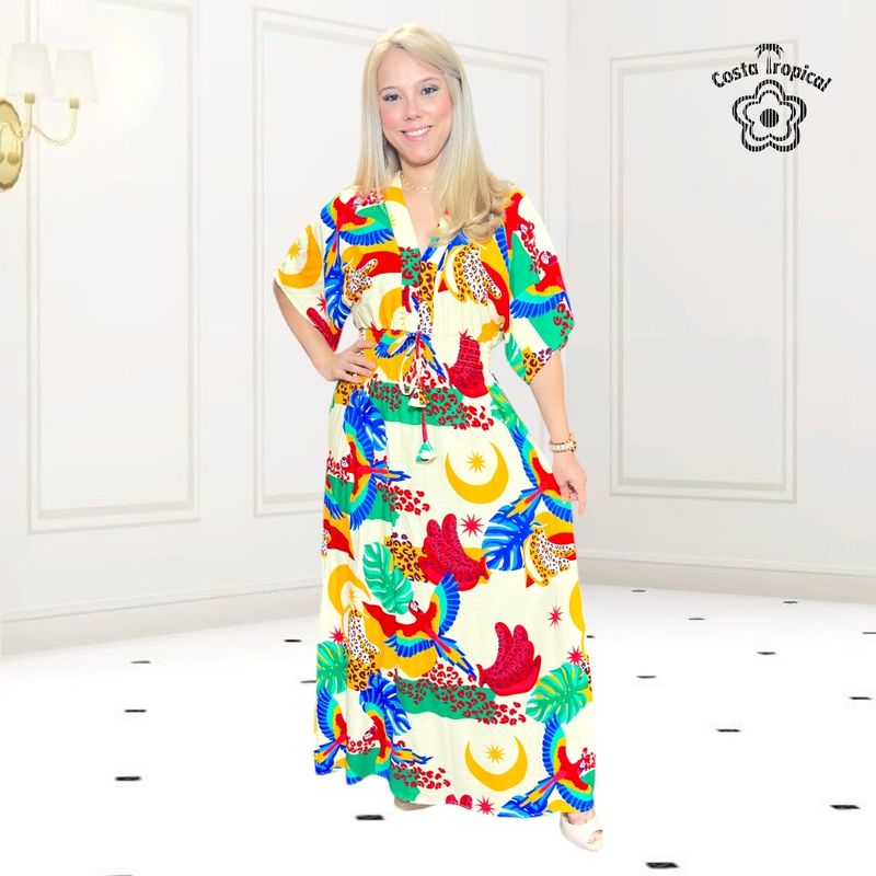 G Vestido Longo com Manga Asa de Morcego Estampado Estilo Farm