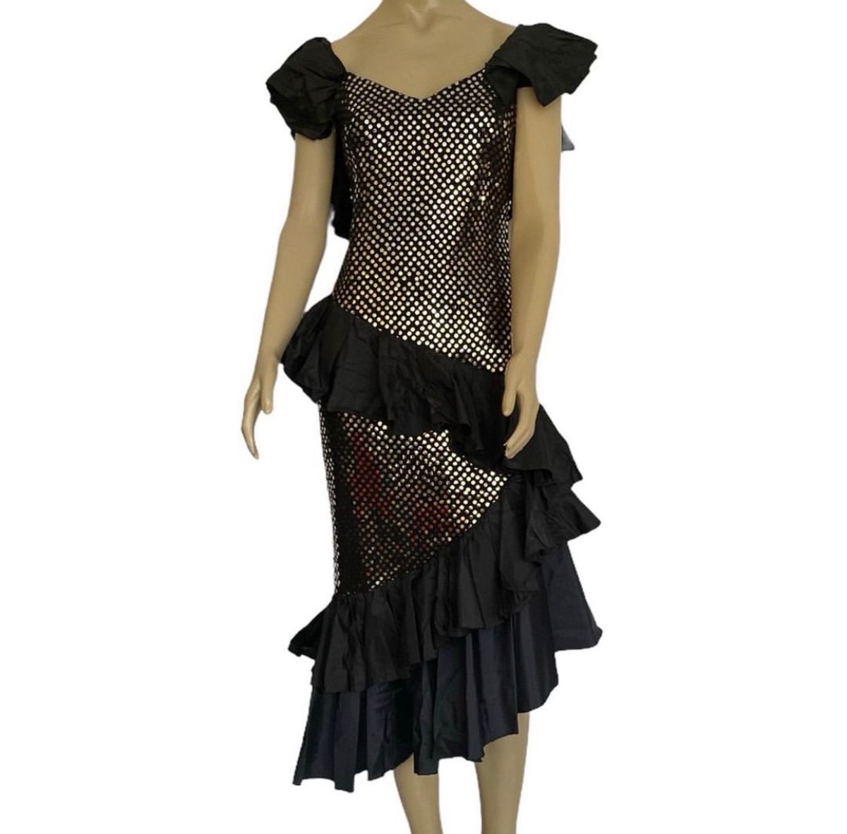 Icônico Vestido Vintage Anos 80 em Preto com Babados e Lantejoulas