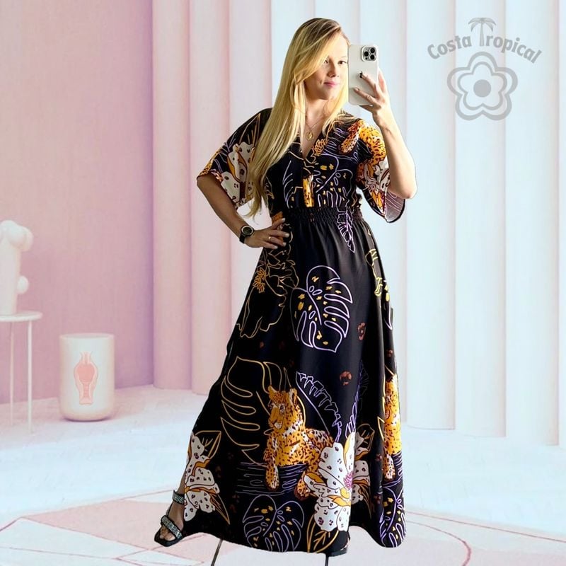 Inspiração Farm] G Vestido Longo Manga Asa de Morcego e Estampa