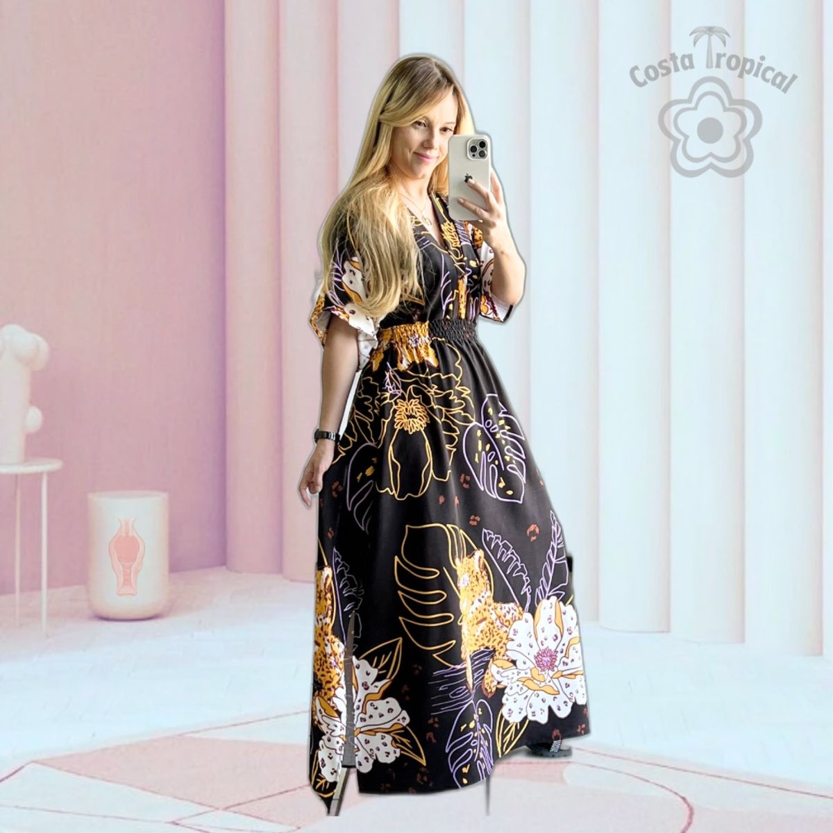 Inspiração Farm] G Vestido Longo Manga Asa de Morcego e Estampa