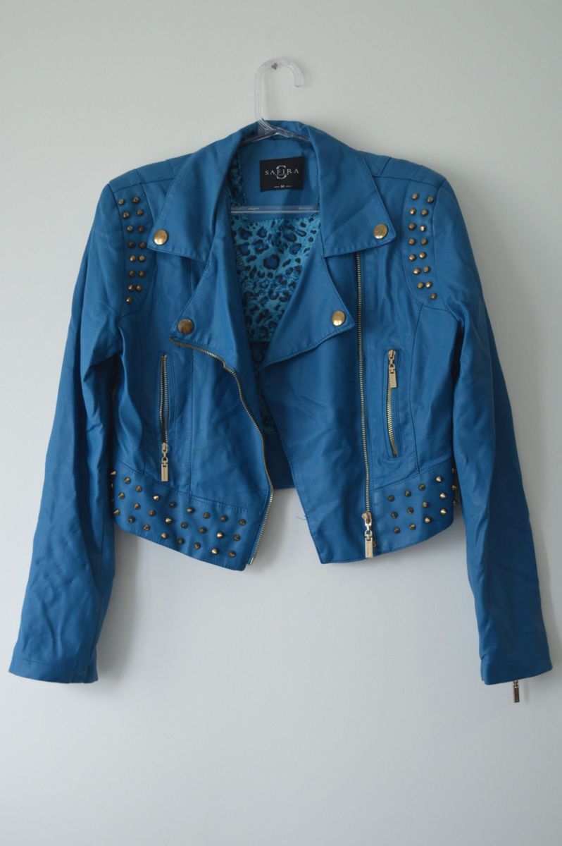 jaqueta de couro azul feminina