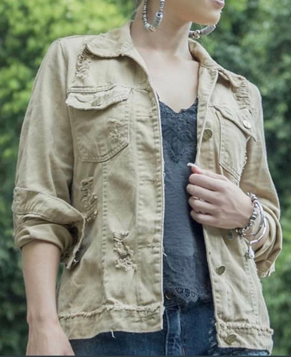 jaqueta jeans bege feminina