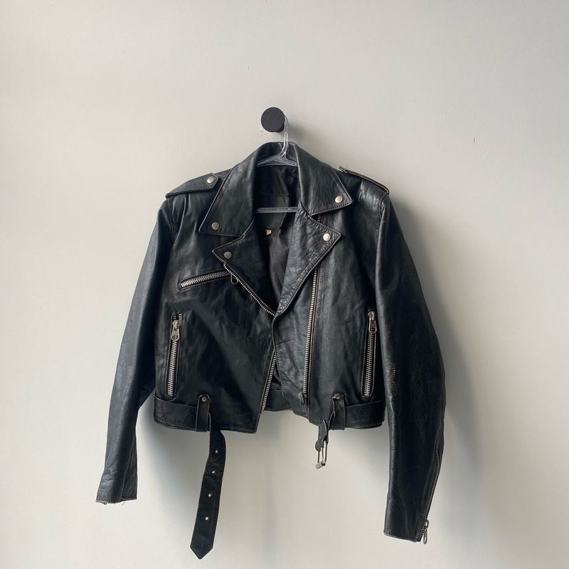 Jaqueta Biker Couro Genuíno Vintage Usado 107858991 enjoei
