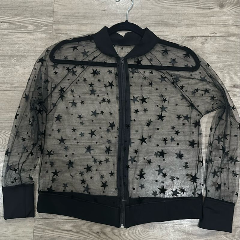 Jaqueta Bomber Preta Transparente com Estrelas Usado 103549863