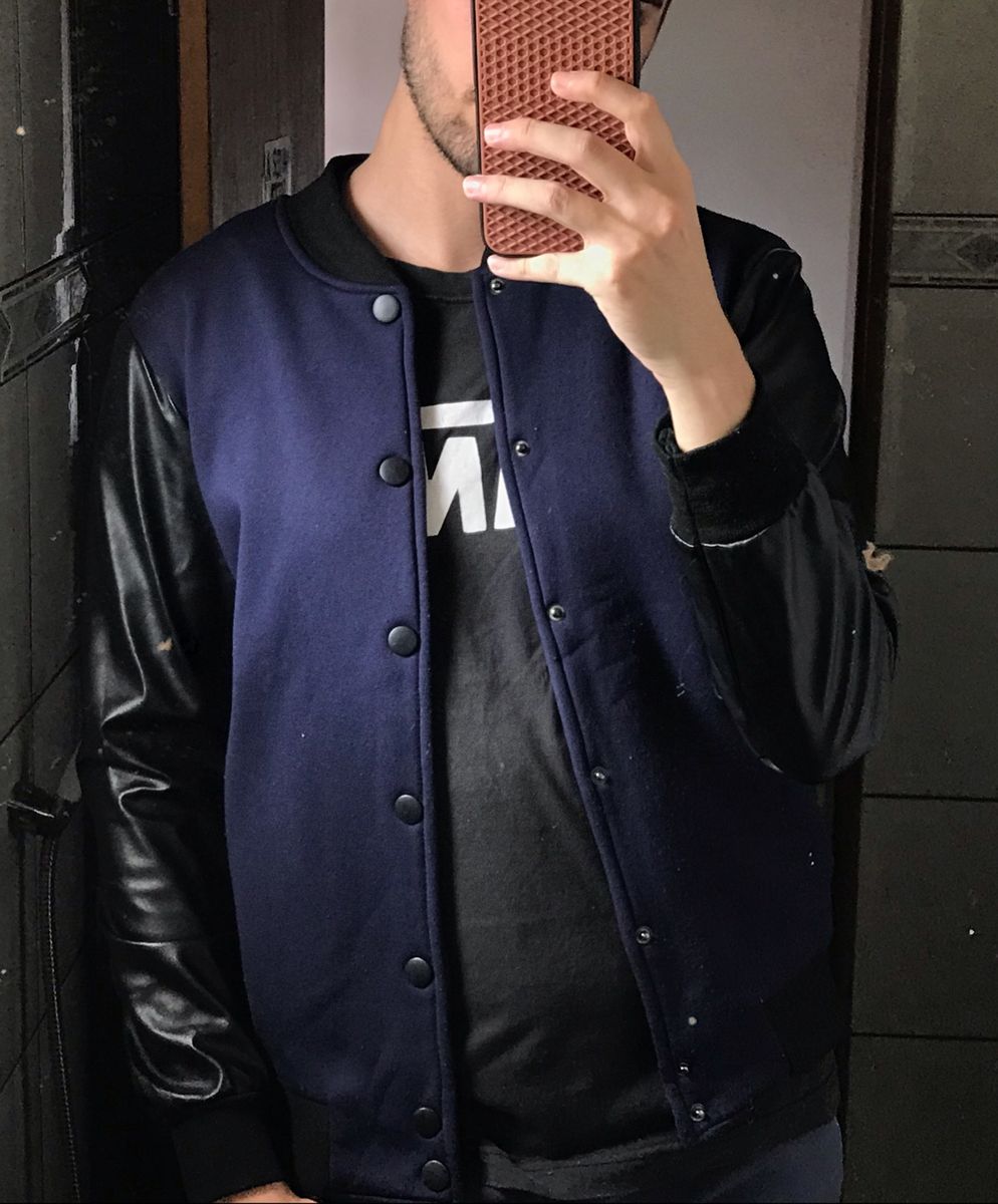 jaqueta college manga de couro