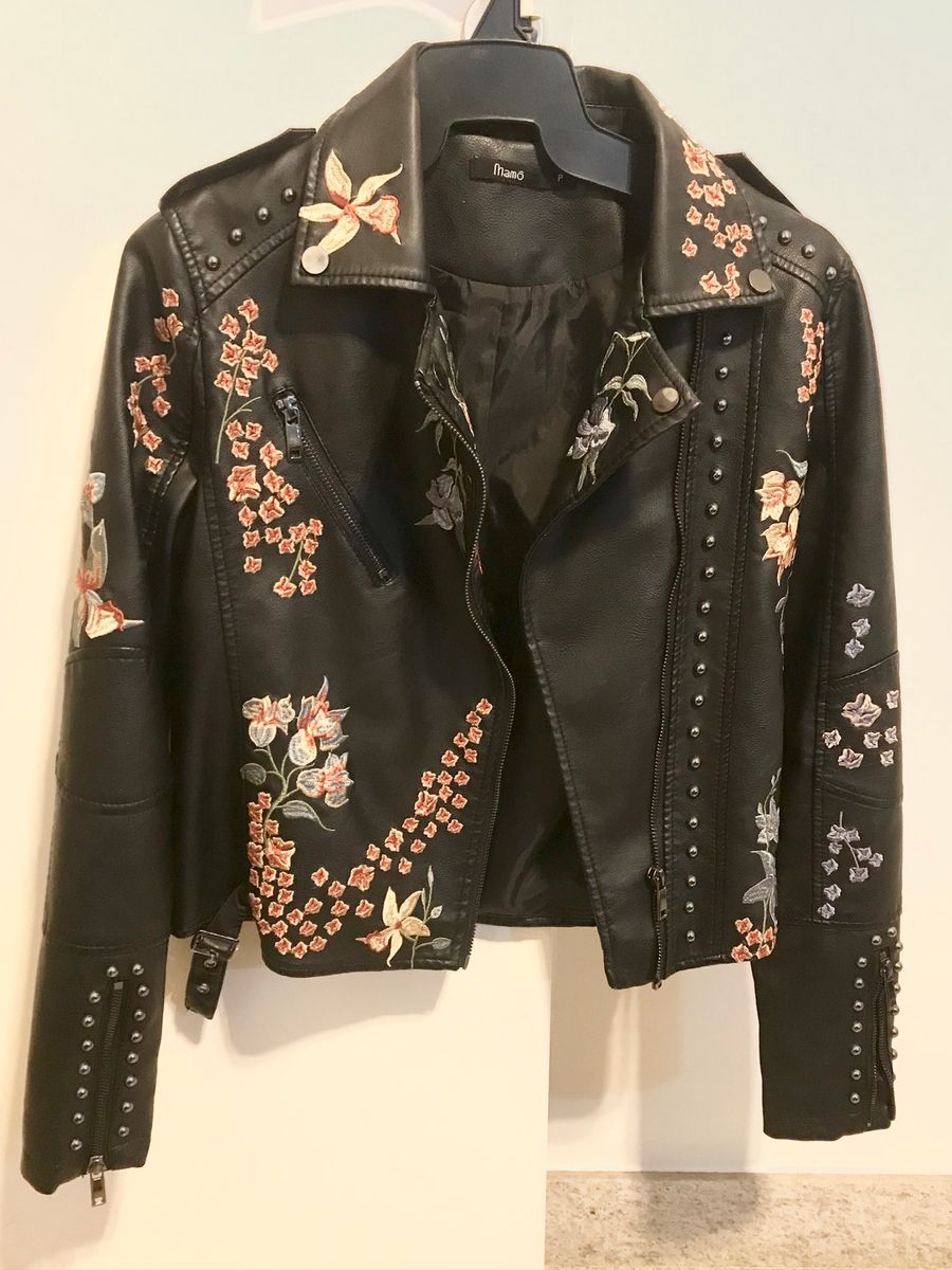 jaqueta de couro bordada feminina