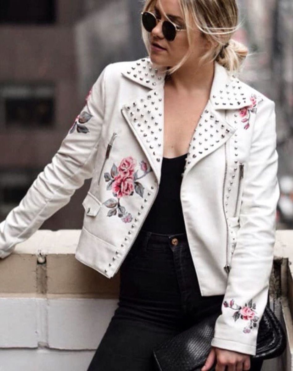 jaqueta de couro bordada