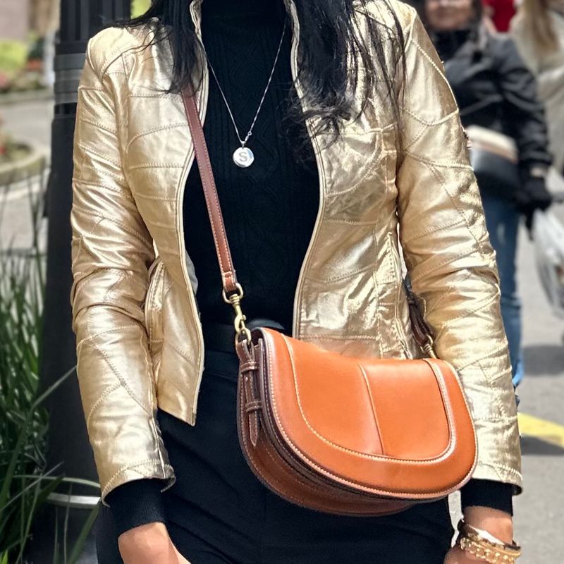 Jaqueta Couro Legítimo Dourada Metalizada Pelica Couro Nunca