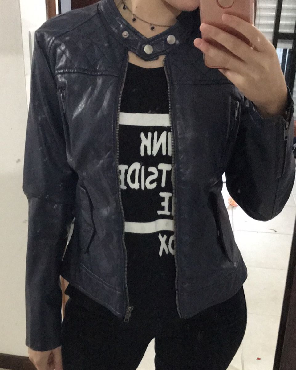 jaqueta de couro azul marinho feminina