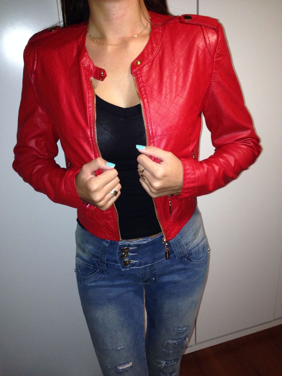 jaqueta de couro legitimo vermelha feminina