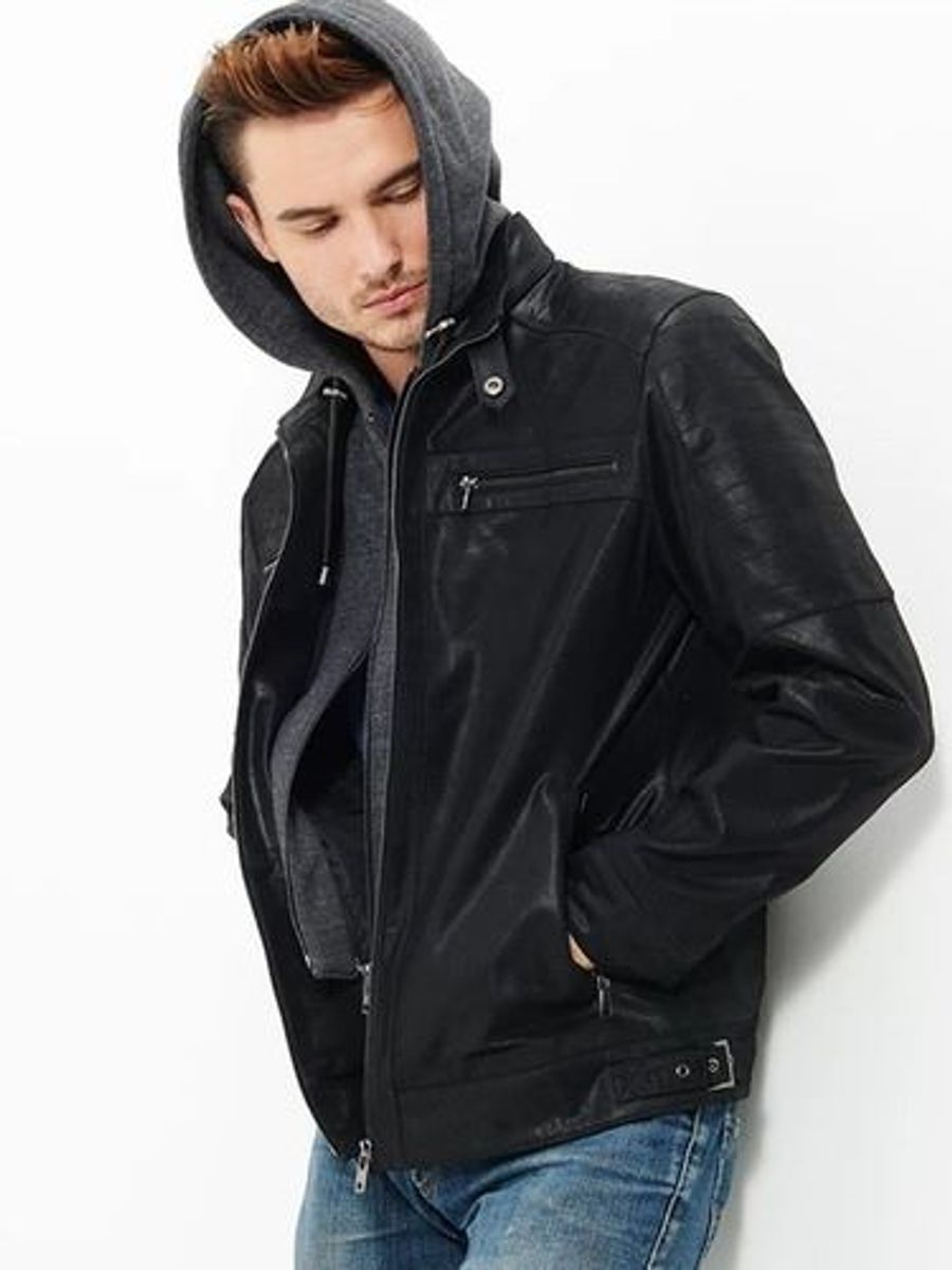 jaqueta de couro masculina com capuz em moletom removível