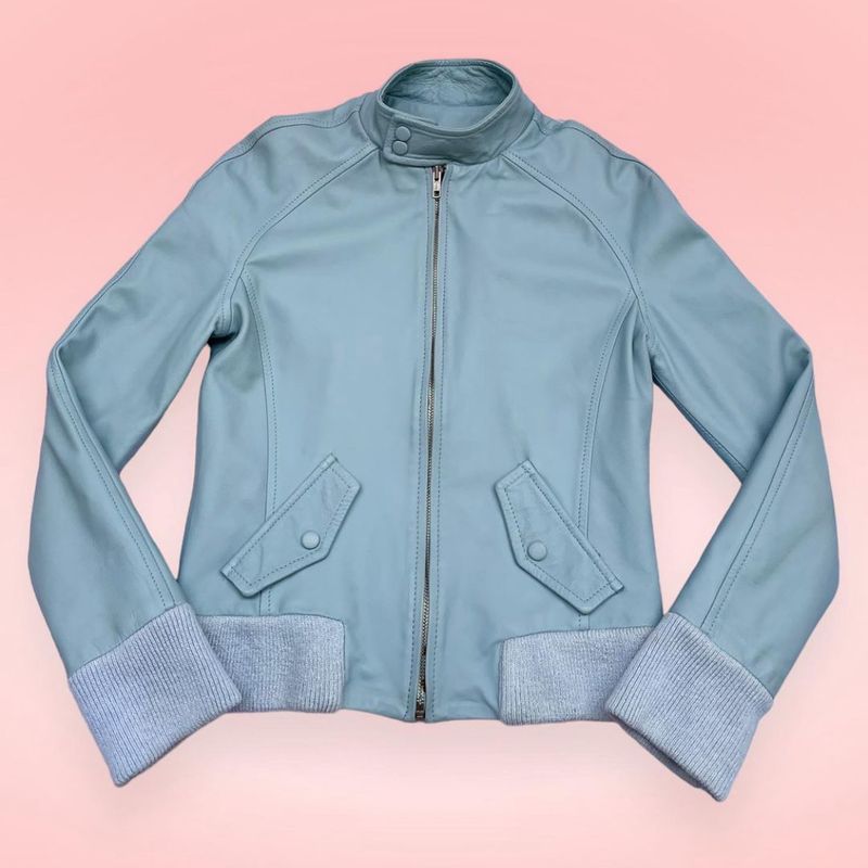 Jaqueta de Couro Motorcycle Azul Bebê Casaco Feminino Vintage