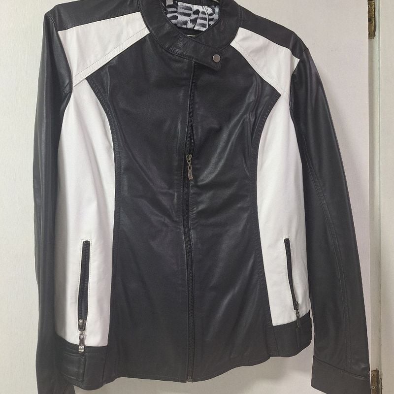 Jaqueta de Couro Preta e Branca Origem Natural Usado 104937293