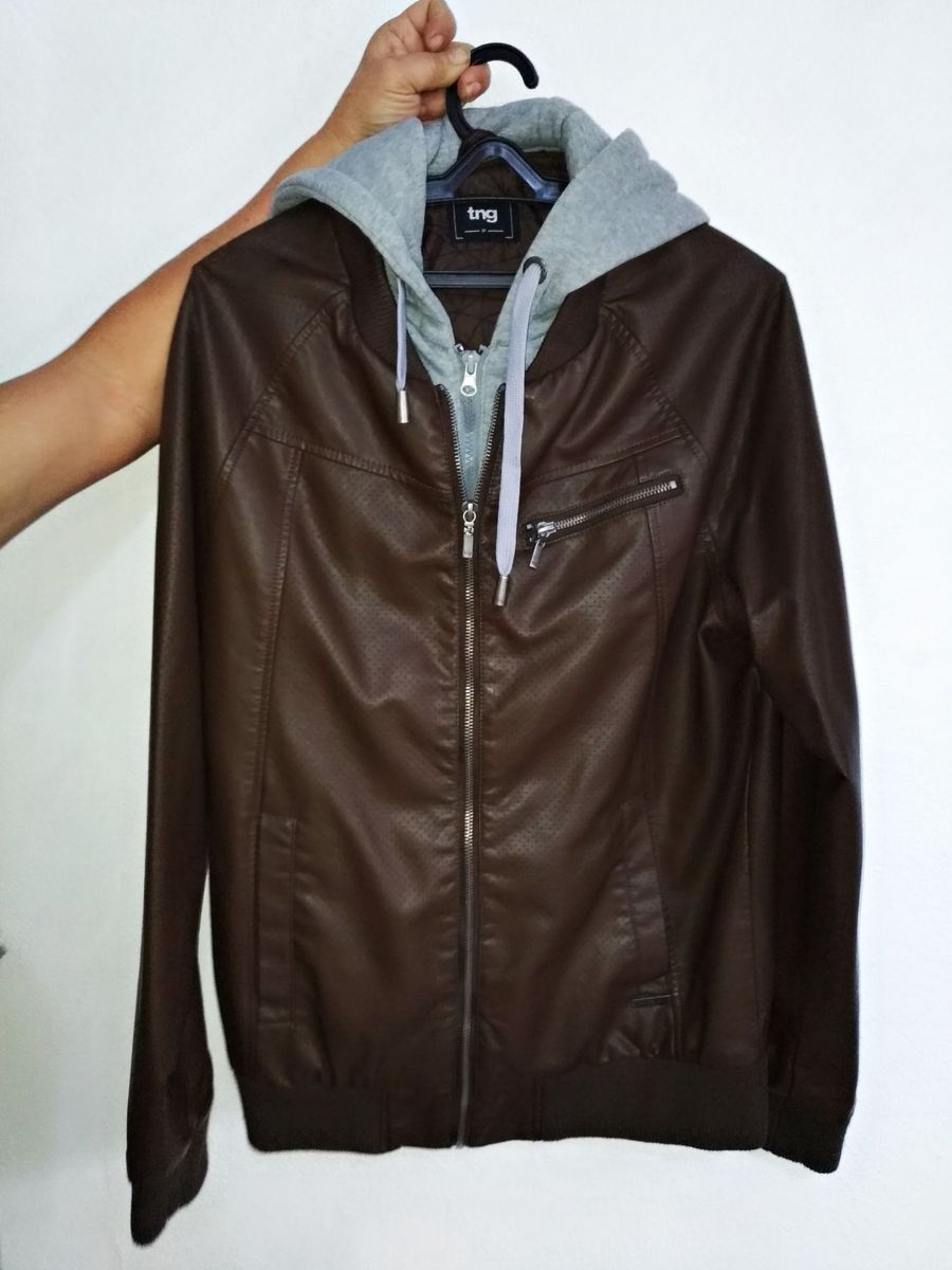 jaqueta de couro com capuz tng