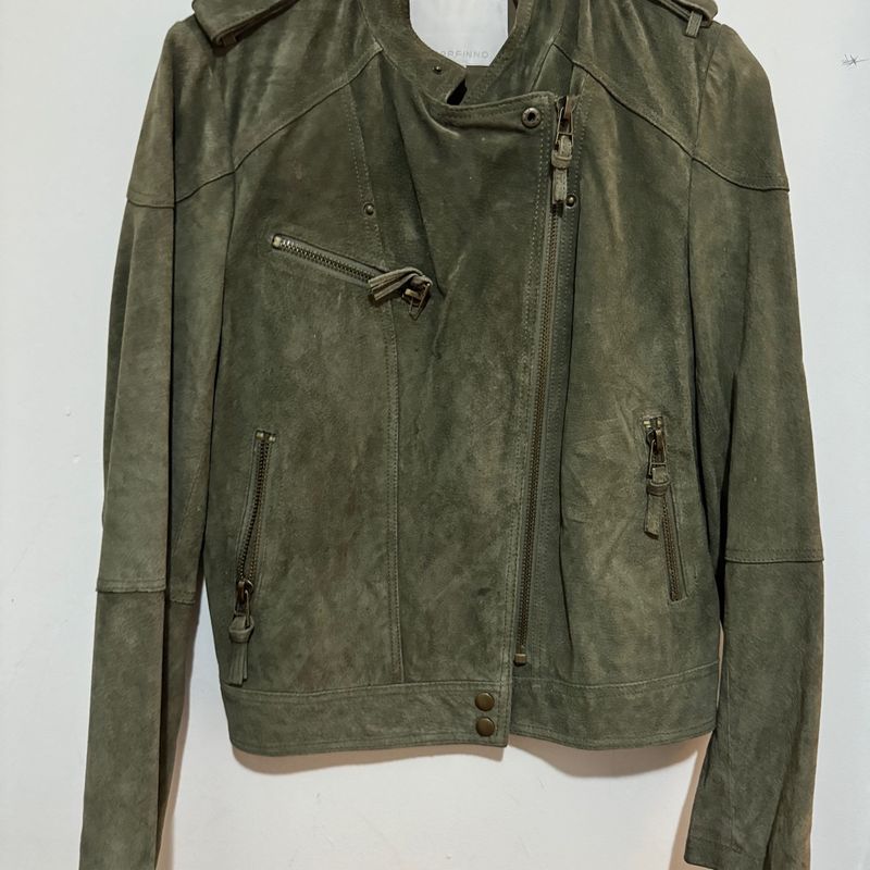 Jaqueta em Couro Bike Verde Musgo Casaco Feminino Marfinno Usado