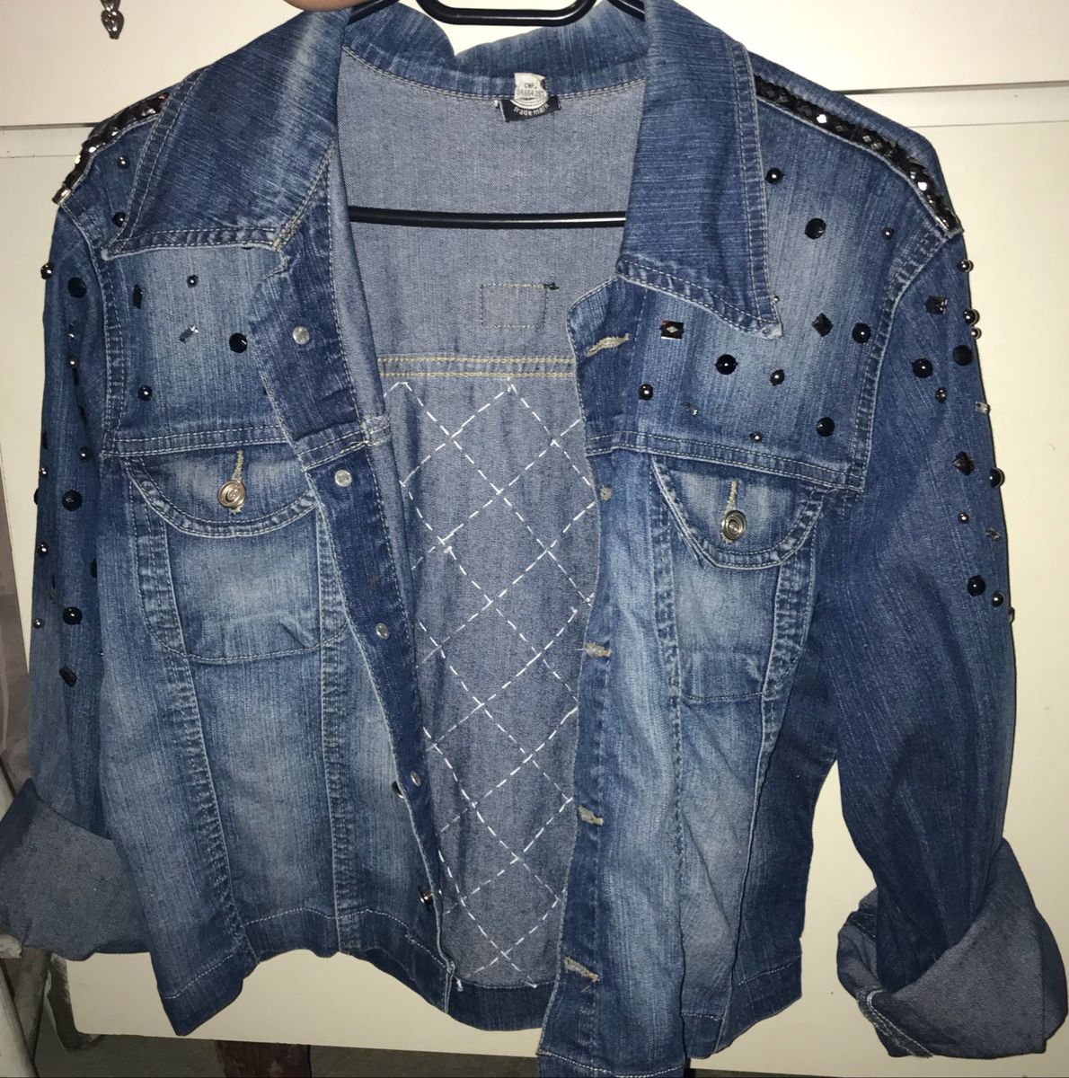 jaqueta jeans customizada com pedrarias