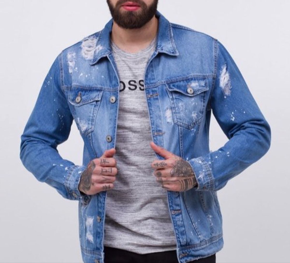 jaqueta jeans com puídos masculina