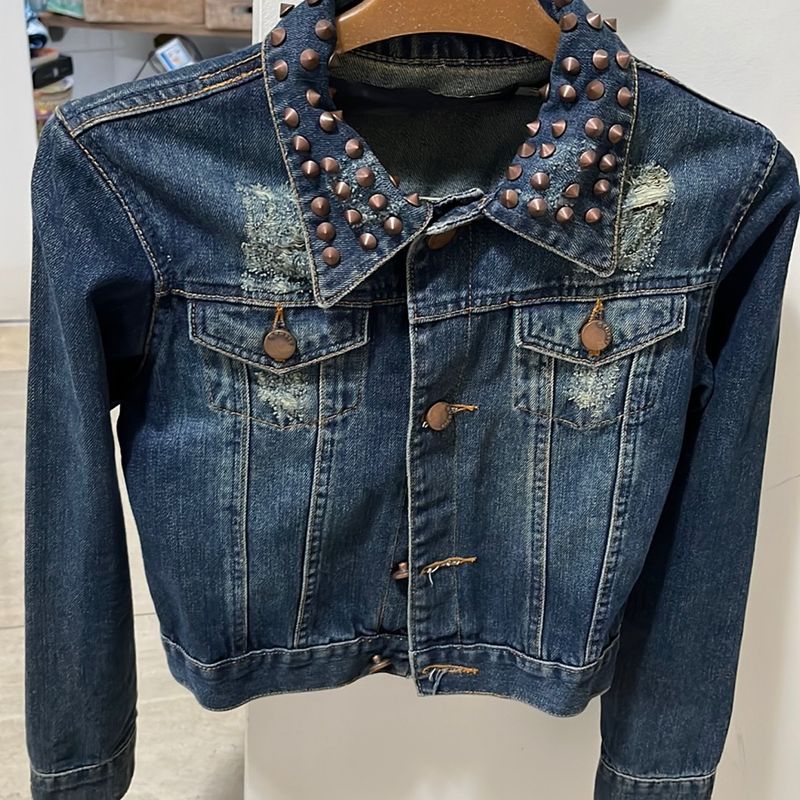 Jaqueta Jeans com Tachinhas Na Gola Afghan Tam P Casaco