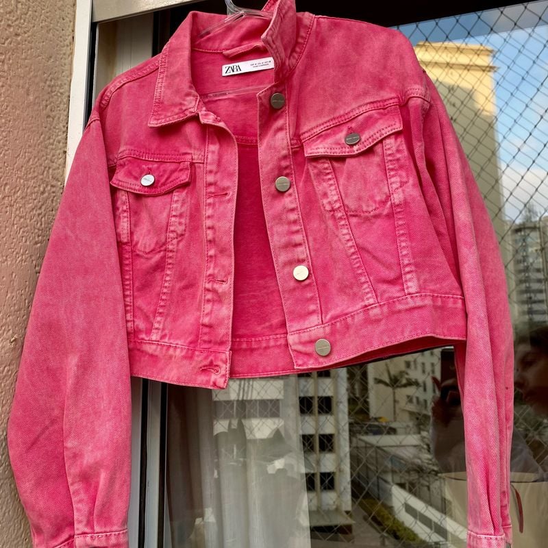Jaqueta Jeans Cropped Rosa Zara Casaco Feminino Zara Usado 75497884  enjoei