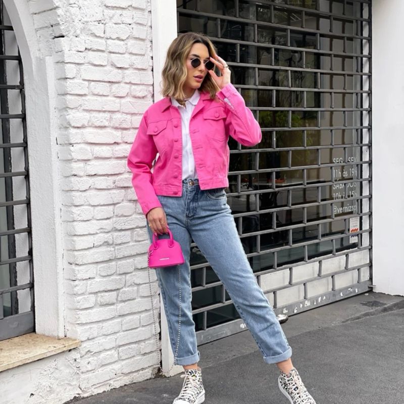 Jeans Feminina Jaqueta Jeans Pink Jaqueta Jeans Pink Com Bolsos