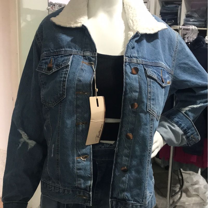 Jaqueta jeans best sale peluciada feminina