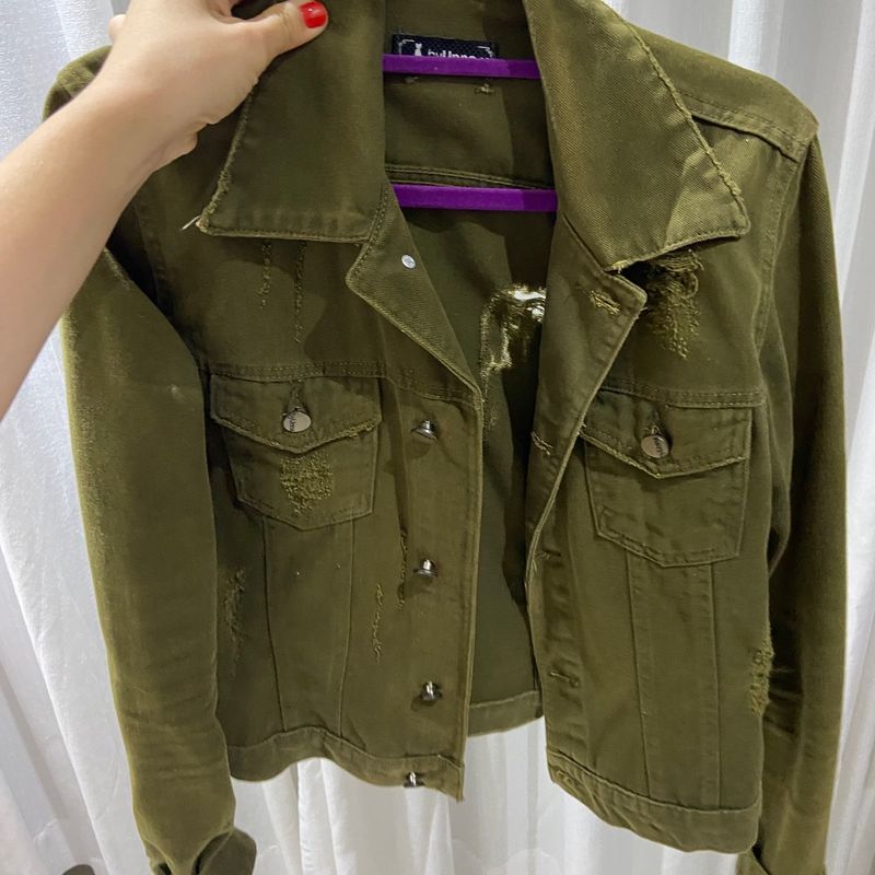 Jaqueta jeans verde militar 2024 feminina