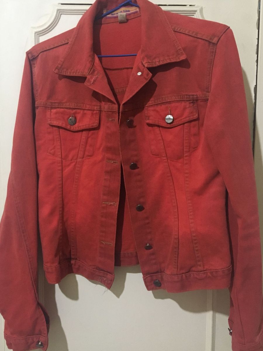 jaqueta jeans vermelha feminina