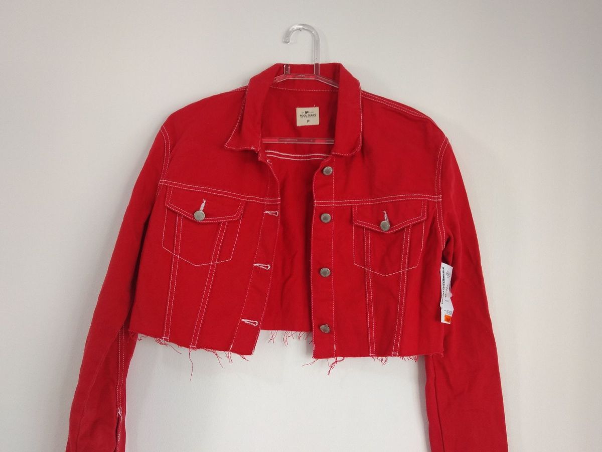 jaqueta jeans vermelha feminina