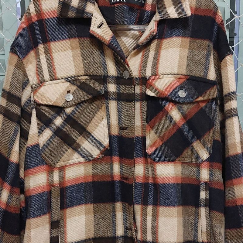 Jaqueta Xadrez de Flanela Zara Casaco Feminino Zara Nunca