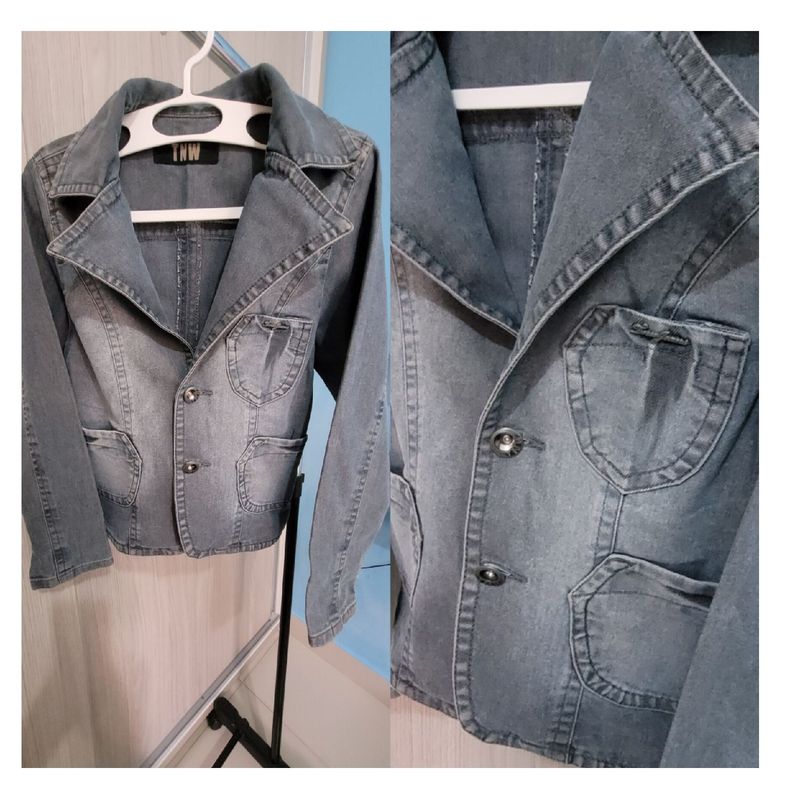 Jaquetinha Jaqueta Feminina Jeans com Bolsos Cinza Grafite Tam M