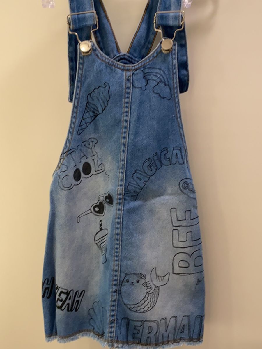 jardineira jeans saia infantil