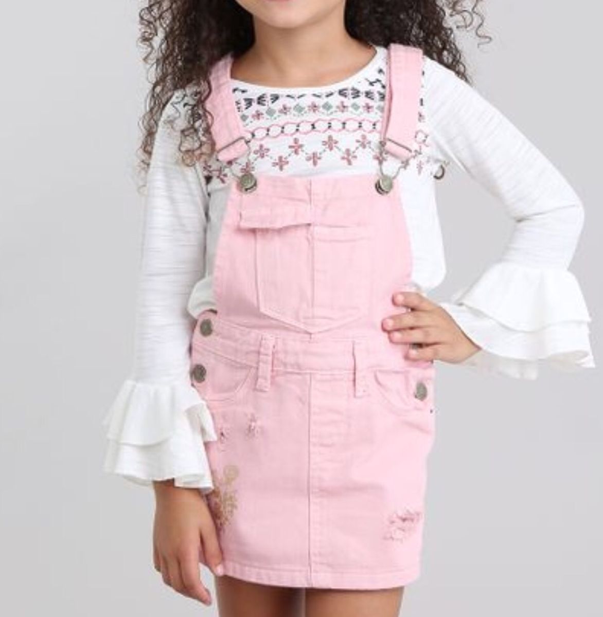 jardineira infantil jeans saia