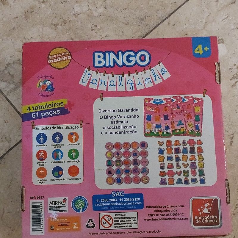 Jogo Infantil Bingo Do Varalzinho 61 Peças Brinquedo Madeira