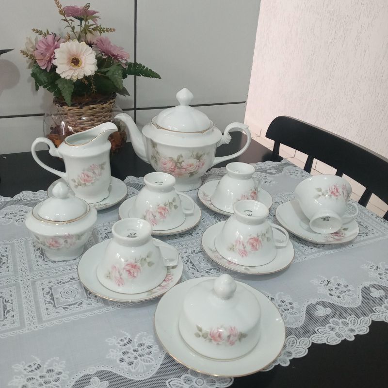 Jogo Conjunto Aparelho de Chá Porcelana Schmidt 15 Peças Anos 70
