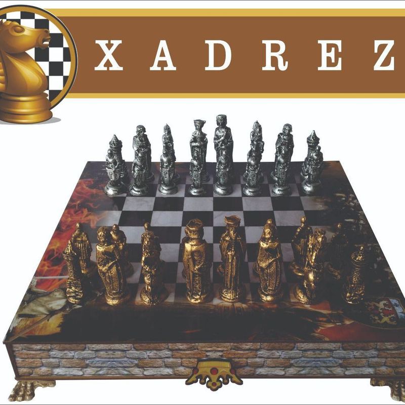 Jogo De Xadrez Medieval Resina + Tabuleiro Caixa Mdf