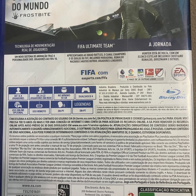 JOGO PS4 FIFA 18 MÍDIA FÍSICA SEMI NOVO USADO